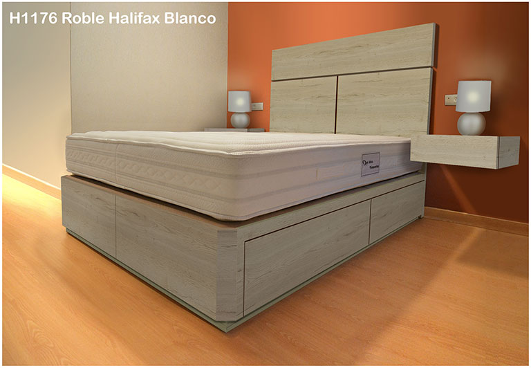 cama con cajones, mesitas y cabecero en color ROBLE HALIFAX BLANCO H1176