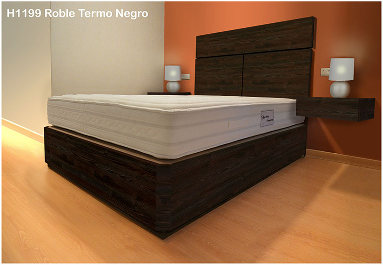 cama con cajones, mesitas y cabecero en color ROBLE TERMO NEGRO H1199