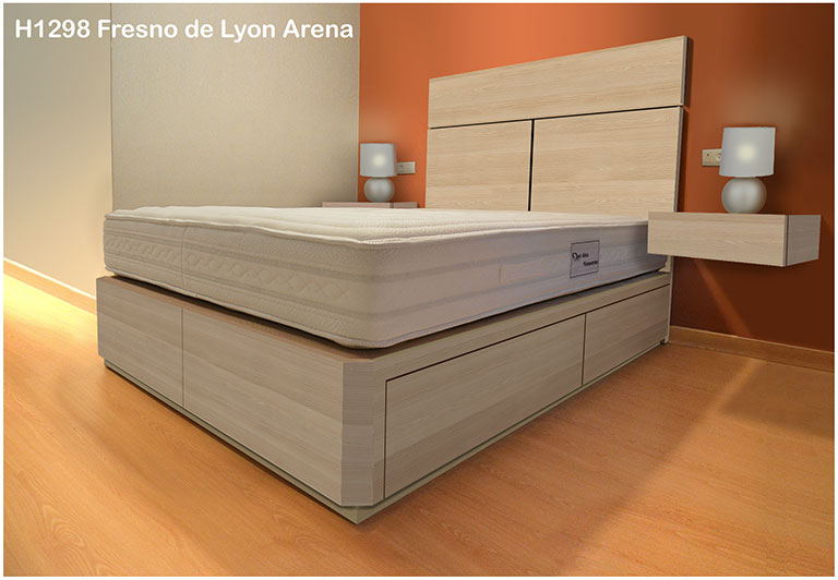 cama con cajones, mesitas y cabecero en color FRESNO DE LYON ARENA H1298