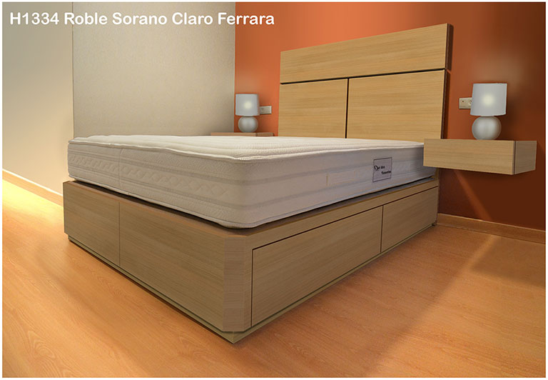 cama con cajones, mesitas y cabecero en color ROBLE SORANO CLARO FERRARA H1334
