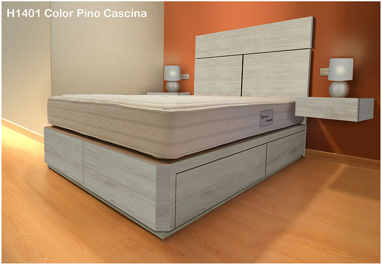 cama con cajones, mesitas y cabecero en color PINO CASCINA H1401