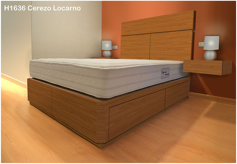 cama con cajones, mesitas y cabecero en color CEREZO LOCARNO H1636
