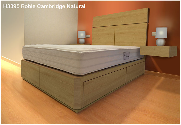 cama con cajones, mesitas y cabecero en color ROBLE CAMBRIDGE NATURAL H3395