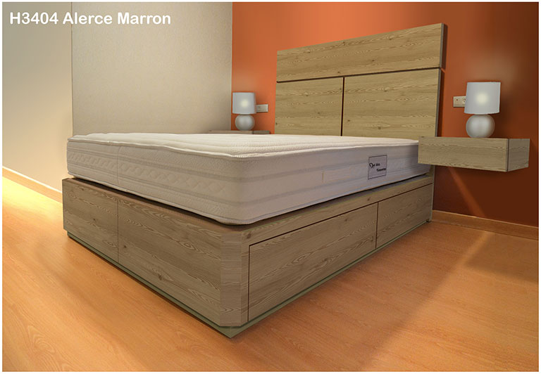 cama con cajones, mesitas y cabecero en color ALERCE MARRON H3404
