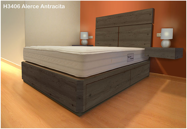 cama con cajones, mesitas y cabecero en color ALERCE ANTRACITA H3406