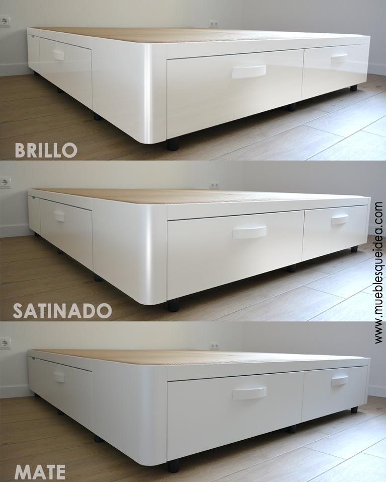 Cama de matrimonio en madera con seis cajones retranqueados con acabado Luxe en las tres versiones de grado de brillo del acabado Luxe que son brillo satinado y mate