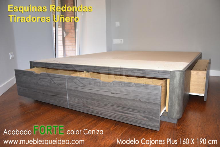 Cama de madera color ceniza acabado forte con cajones y zócalo de cierre al suelo de 160x190 montada en Pontevedra