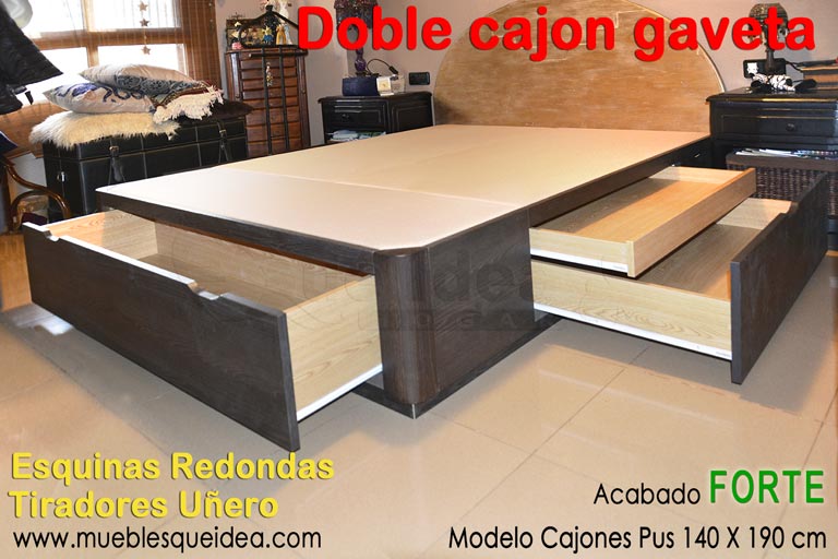 Cama con cajón doble gaveta lateral con tiradores Uñero en madera oscura de 140x190 cm acabado Forte montado Madrid