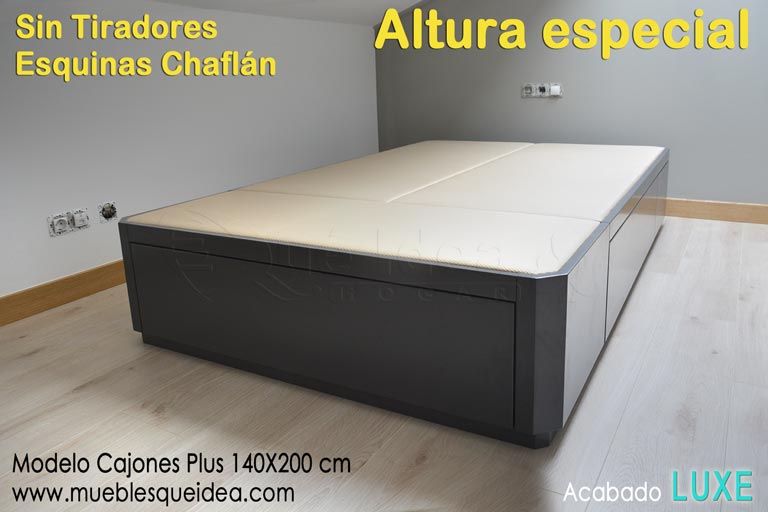 Ejemplo de Cama con cajones Plus altura especial de 40 cm 140 de ancha y 200 de larga, acabado Luxe color gris de la Carta Ral