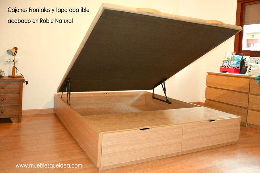 Cama de madera modelo cajón frontal con dos cajones a los pies en Roble Natural