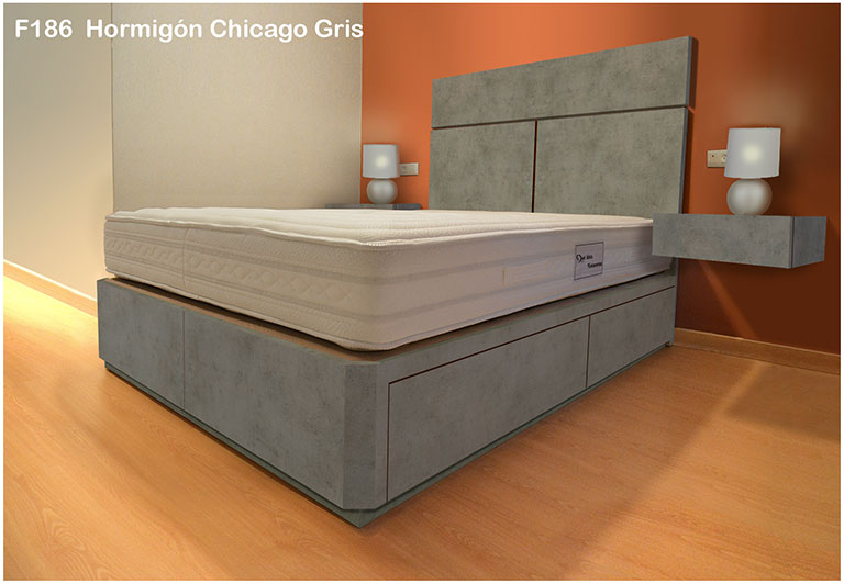 cama con cajones, mesitas y cabecero en color HORMIGON CHICAGO GRIS F186
