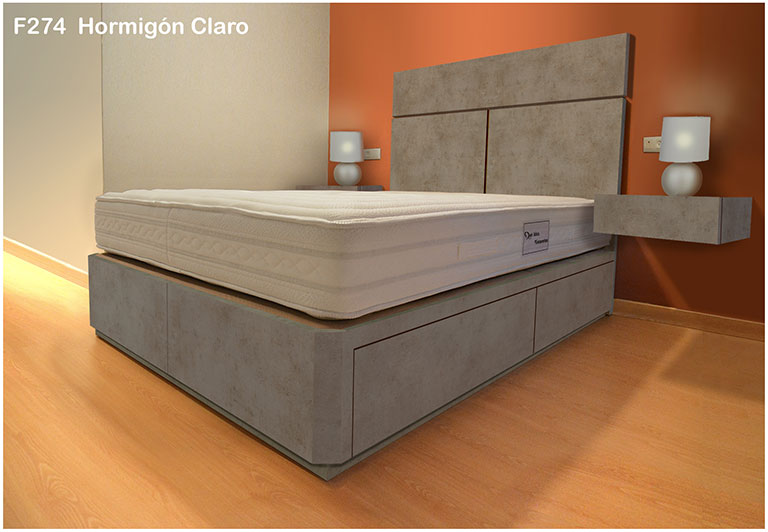 cama con cajones, mesitas y cabecero en color ORMIGON CLARO F274