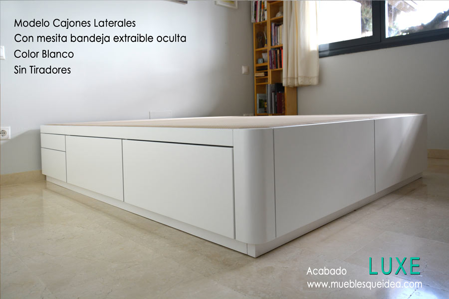 cama con cajones blanca con bandeja mesita y cajon cerrados