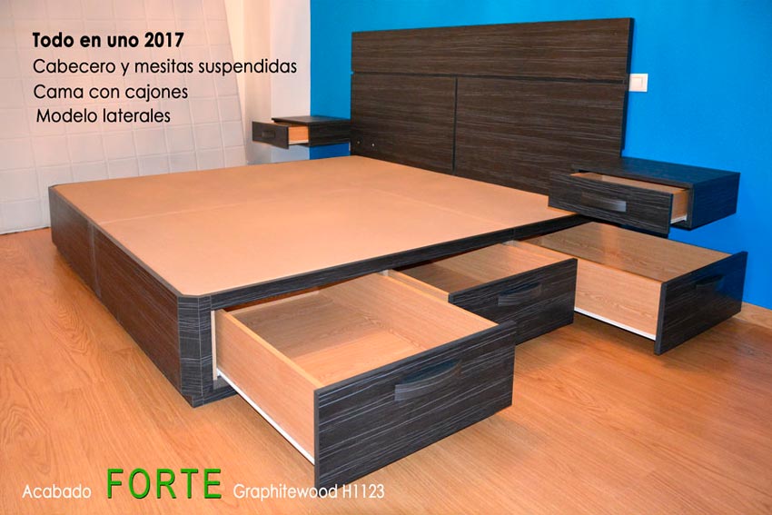 ejemplo de cama de madera con cajones, cabecero y mesitas suspendidas acabado Forte color Grphitewood H1123