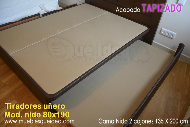 Cama nido de matrimonio de 135 con cajones por un lateral y arrastre nido por el lado opuesto color marrón montada en Madrid