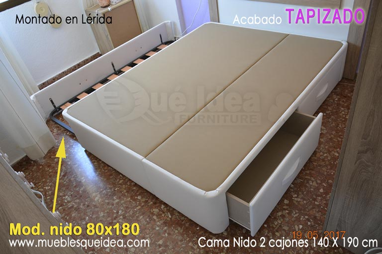 Cama grande de matrimonio de 140x190 con nido en un lateral de 80x180 y cajones iguales en un lateral
