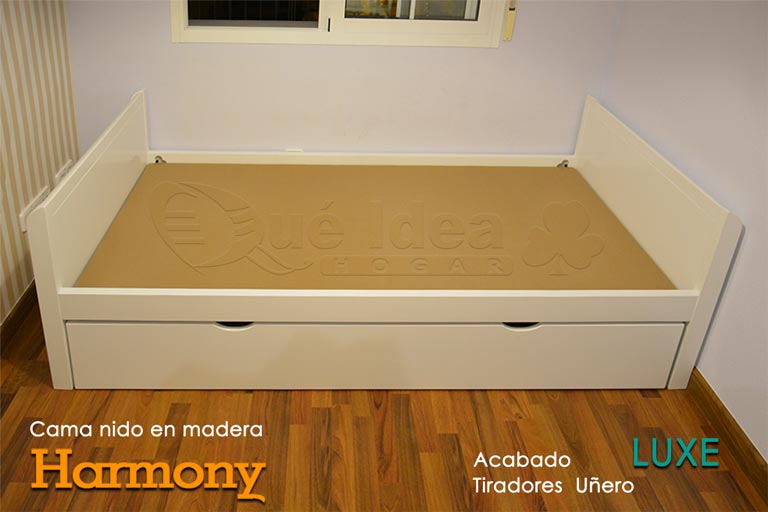 Ejemplo montado de Cama Nido en madera modelo Harmony montada en dormitorio con poco espacio