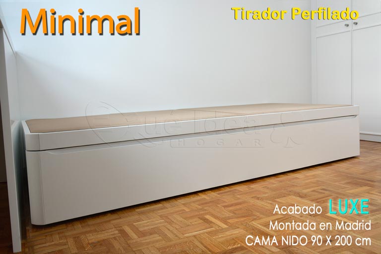 Ejemplo de montaje realizado de una Cama individual nido en madera lacada Luxe color blanco con tirador para el frontal del arrastre Perfilado