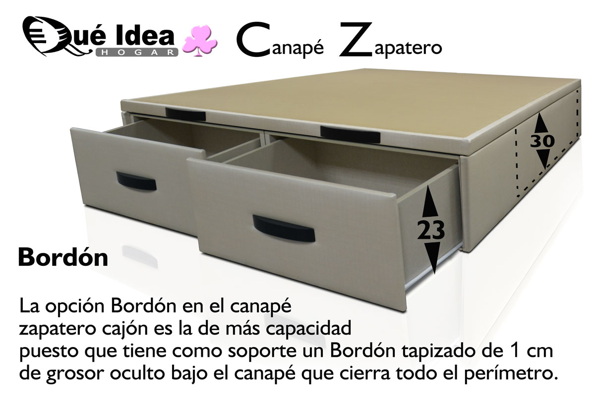 Ilustración con medidas exteriores e interiores de los cajones y el arcón de un canape abatible con cajones que tiene como sdoporte al suerlo la opción Bordón