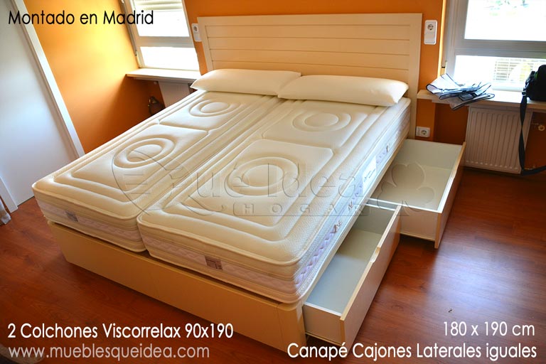 montaje realizado en Madrid de dos colchones gemelos modelo viscorrelax de 90x190 en un canapé con cajones laterales iguales de Qué Idea Hogar