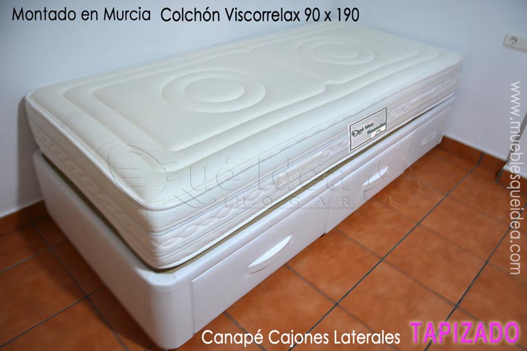 Ejemplo de montaje en Murcia de un Colchón Viscorrelax de nuelle ensacado y un canapé individual de 90 por 190 con tres cajones tapizado
