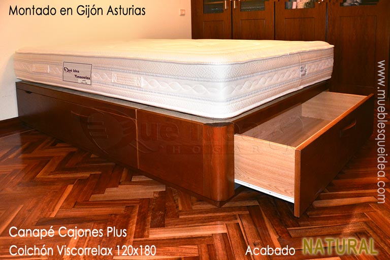 Montaje realizado en Gijón Asturias de un Colchón Viscorrelax más un canapé con cajones de 120x180 modelo Plus acabado Natural