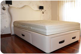 Cabecero vintage, Colchón visco y muelle ensacado y cama con cajones tapizada