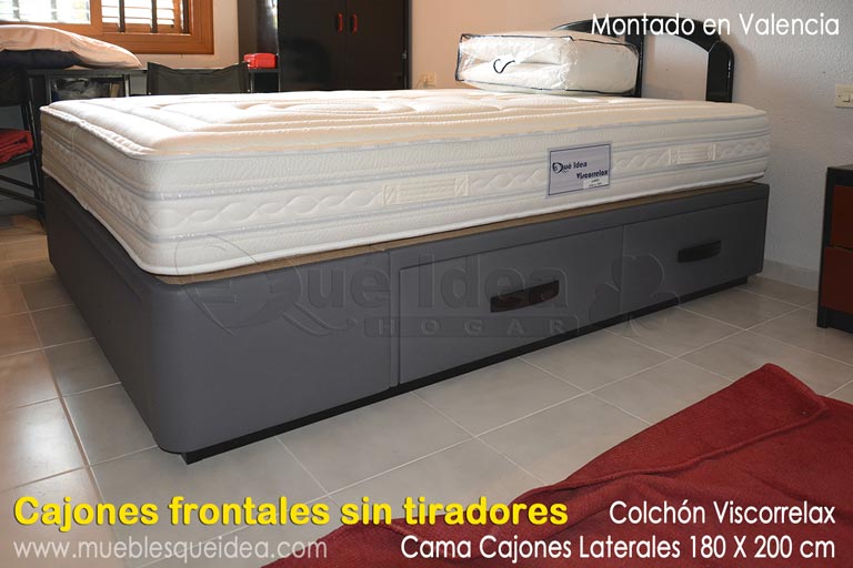 Colchón Viscorrelax de muelle ensacado y canapé con cajones Plus con los cajones iguales tapizado en color gris de 150x190 montado en Valencia