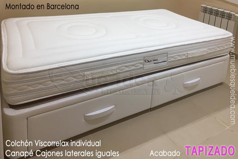 Montaje en Barcelona de un Colchón Viscorrelax individual de 90x190 más un canapé con cajones laterales iguales Tapizado en polipiel de color blanco