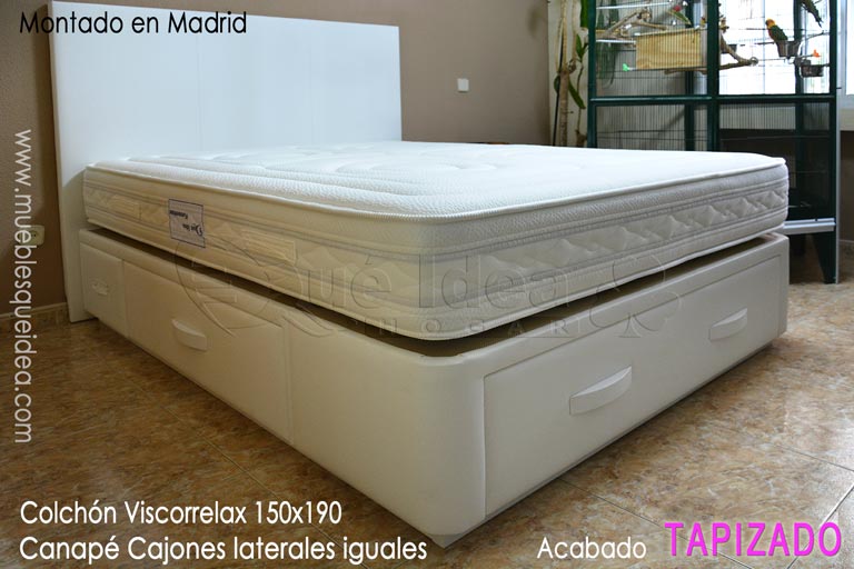 Ejemplo de montaje realizado en Madrid de un Colchón modelo Viscorrelax entregado junto con una cama con cajones Plus tapizada en polipiel de color blanco