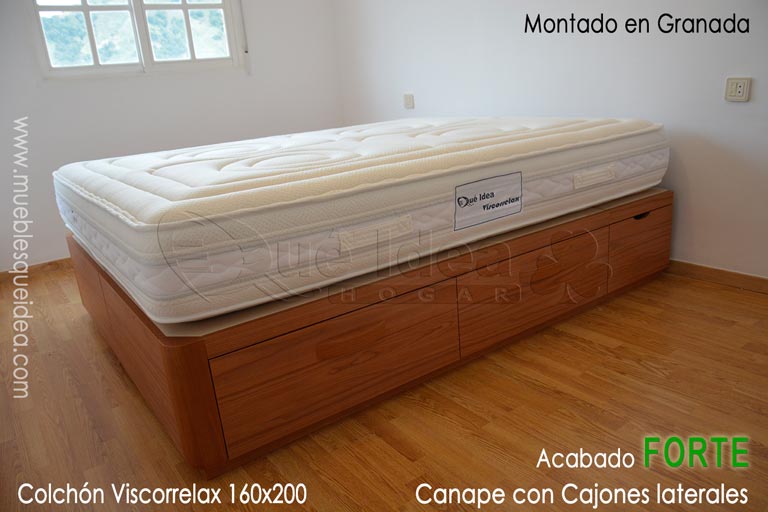 Viscorrelax de muelle ensacado de matrimonio más cama de 160x200 acabada en color Cerezo con cajones laterales montada en Granada