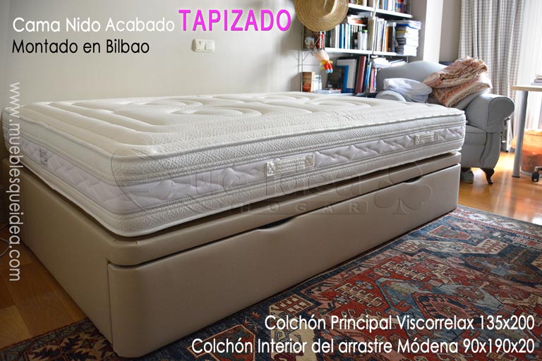 Ejemplo de montaje realizado en Bilbao de un Colchón Viscorrelax más una Cama Nido tapizada en polipiel color Piedra de 135x200 montada en Bilbao