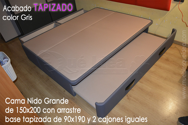 Ejemplo de Cama Nido grande abierta de 135x190 con cajones a la izquierda y arrastre de 80x180 montada en Pamplona