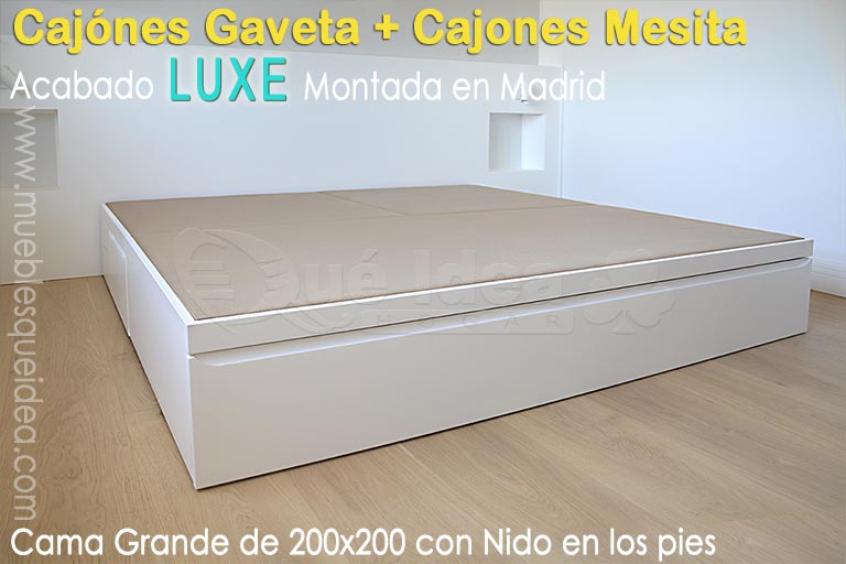 Ejemplo montado en casa de cliente de una Cama en madera grande con Nido en los pies y cajones laterales