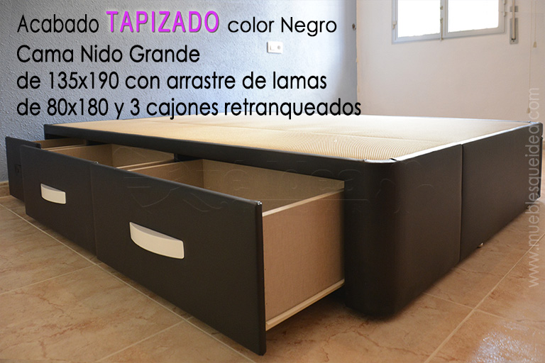 Ejemplo de Cama Nido grande abierta de 135x190 con cajones a la izquierda y arrastre de 80x180 montada en Pamplona
