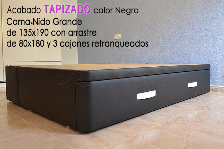 Ejemplo de Cama Nido grande abierta de 135x190 con cajones a la izquierda y arrastre de 80x180 montada en Pamplona