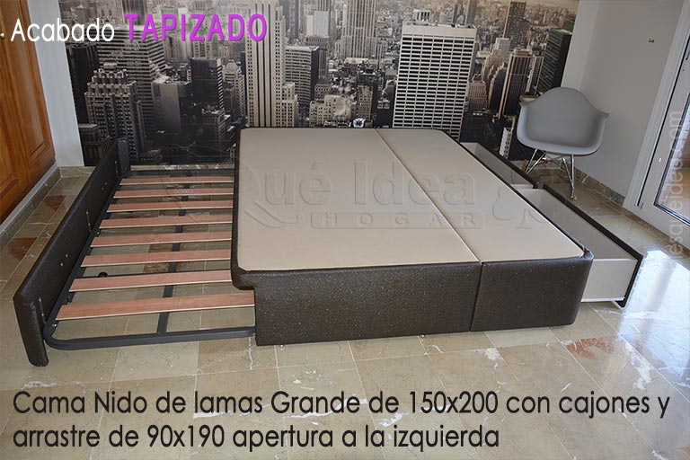 Ejemplo entregado en Girona de una Cama grande tapizada con Nido en el lateral izquierdo y cajones iguales en el lateral derecho