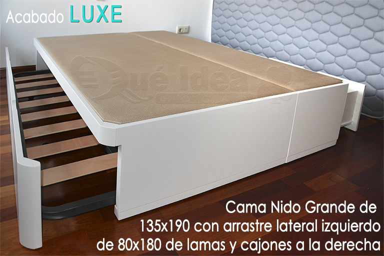 Ejemplo montado en Madrid de una cama nido grande con acabado en madera tipo Luxe blanco con esquinas Redondas y tiradores Uñero