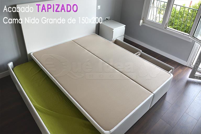 Cama nido grande de 150x200 con arrastre nido a la izquierda de 80x190 y cajones a la derecha