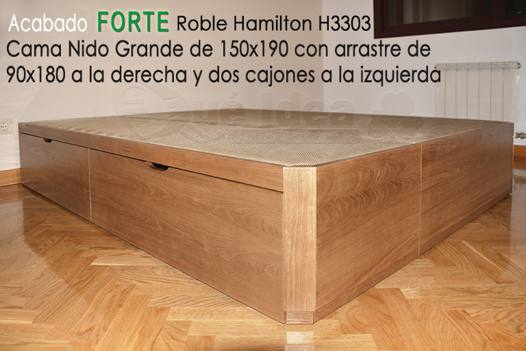 Ejemplo montado en Valladolid de una cama nido grande con acabado en madera tipo Forte color Roble Hamilton H3303 con esquinas Chaflán y tiradores Uñero