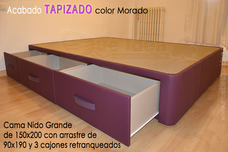 Ejemplo de Cama Nido grande abierta de 135x190 con cajones a la izquierda y arrastre de 80x180 montada en Pamplona