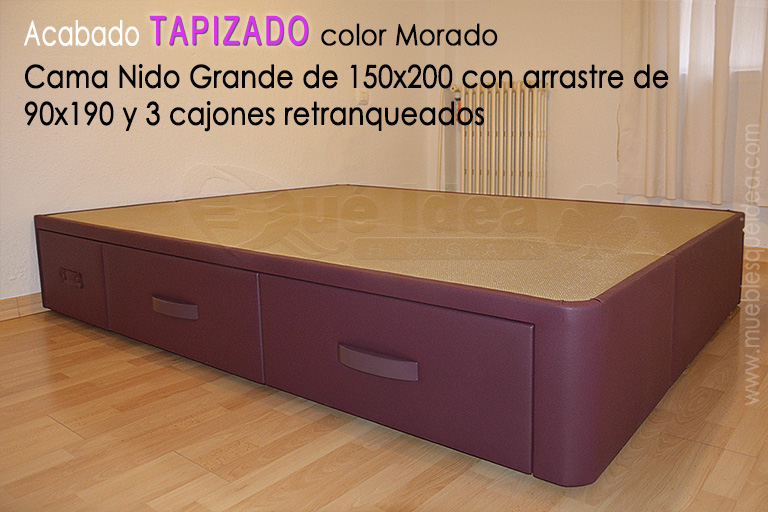 Ejemplo de Cama Nido grande abierta de 135x190 con cajones a la izquierda y arrastre de 80x180 montada en Pamplona