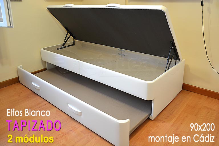 Canapé de dos módulos en color blanco de 90x200 con base tapizada en el nido-arrastre montado en Cádiz