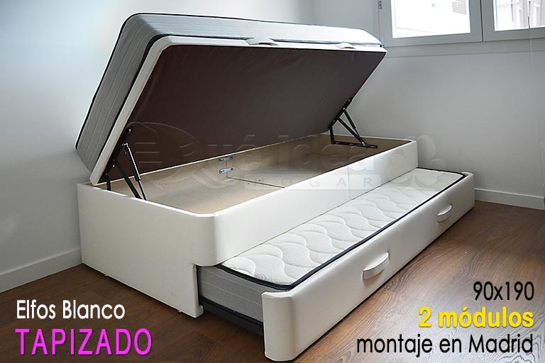 Conjunto Oferta de Canapé Nido y colchones visco para ambas camas montado en Madrid con una medida total de 90x190 en dos módulos debido a su dificil posicionamiento en el dormitorio