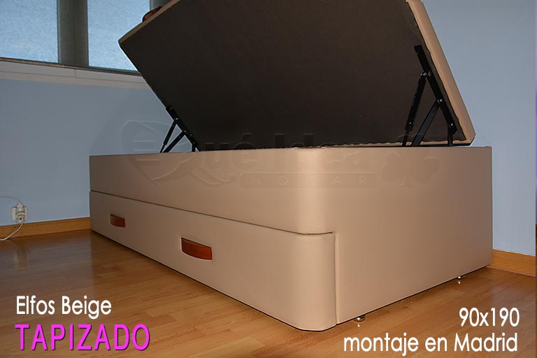 canapé nido en color Beig con medida de 90x190 tapizado instalado en Madrid de un solo módulo con tiradores en madera color cerezo