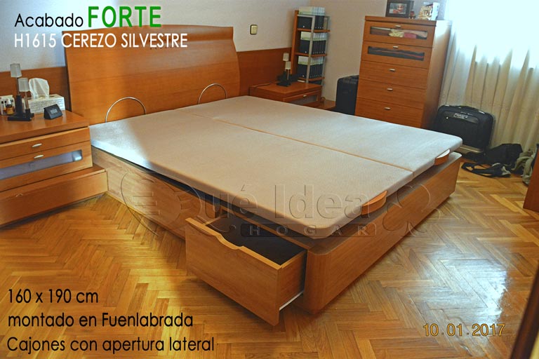 Ejemplo montado en Madrid de un Canapé abatible de 160x190 acabado en madera FORTE color H1615 Cerezo Silvestre con cajones A los pies de la cama