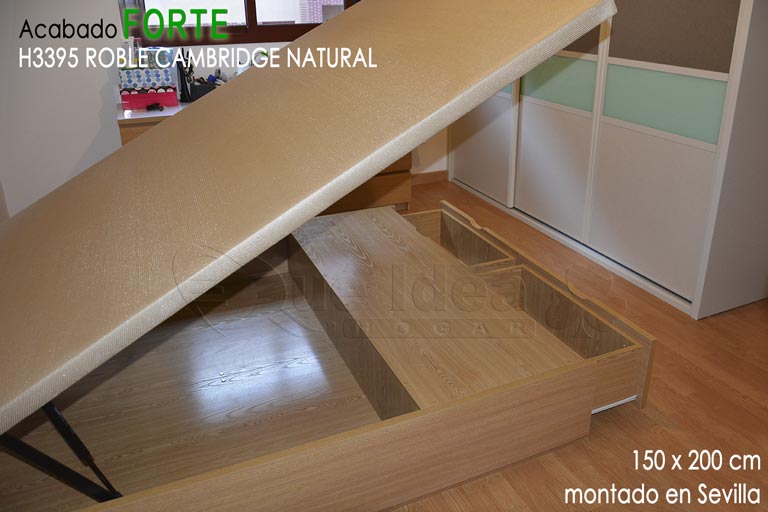 Montaje realizado en Sevilla de un Canapé de tapa abatible de 150x200 Acabado Forte madera color H3395 Roble Cambridge Natural de Egger con cajones Frontales y tiradores Uñero