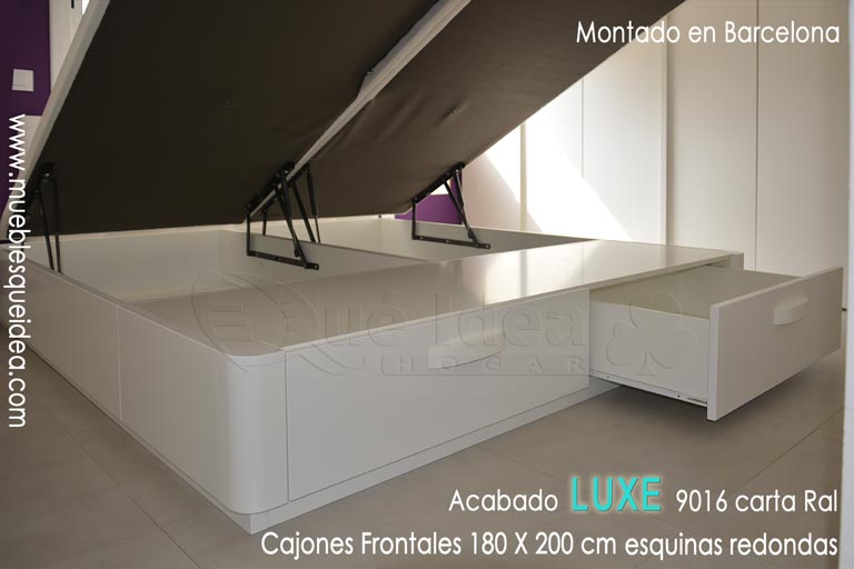 Ejemplo de montaje en Barcelona de un Canape de tapa abatible de 180x200 con arcón y dos cajones frontales en el pie de la cama para almacenaje