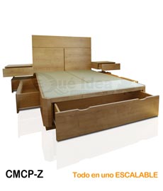 Mueble cama con cajones, cabecero y mesitas suspendidas, todo en uno sin agujeros en la pared