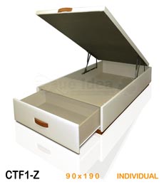 Cama Canapé 90 x190 individual de tapa abatible y cajón en el frontal tapizado